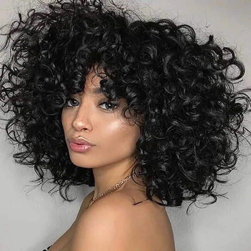 Sunber Glueless Pixie Cut Loose Bouncy Curls With Bangs Bob Wigs