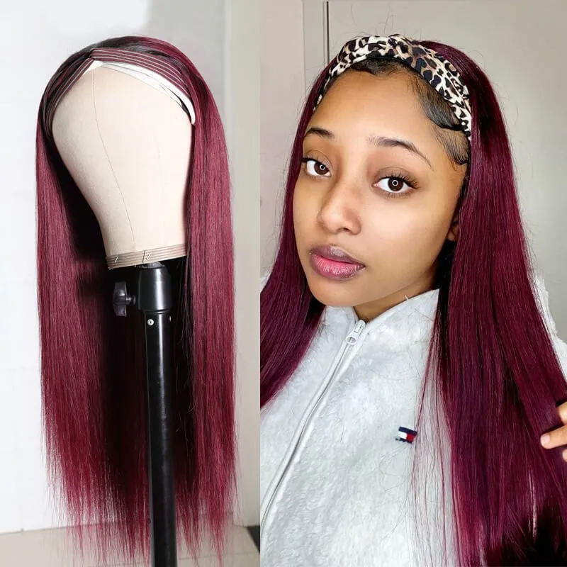 Sunber Ombre 99J Burgundy Color Straight Headband Wigs with Black Root 150% Density Glueless Human Hair Wigs