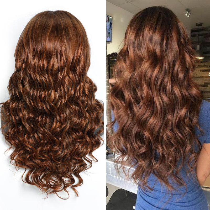 Sunber Voluminous Bouncy Curls Loose Wave Wigs Auburn Highlight Color Lace Front Wigs 180% Density