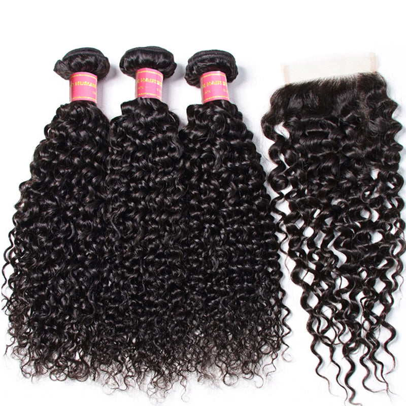 Sunber Hair Brazilian Virgin Curly Hair 3 Bundles with 4*4 Lace Closure 100% Human Hair