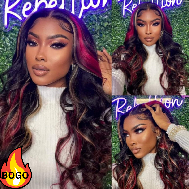 BOGO Sunber Black Hair With Blonde Red Highlights Body Wave 13x4 Lace Front Wig With Multi Color Highlights Human Hair