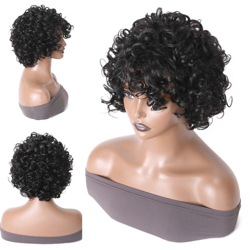 BOGO Sunber Fluffy Curls Short Human Hair Wigs with Bangs Glueless Pixie Cuts Wigs