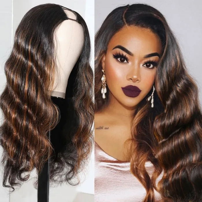 BOGO Sunber Mix Brown Highlight Colored U Part Wigs Body Wave Human Hair Wigs