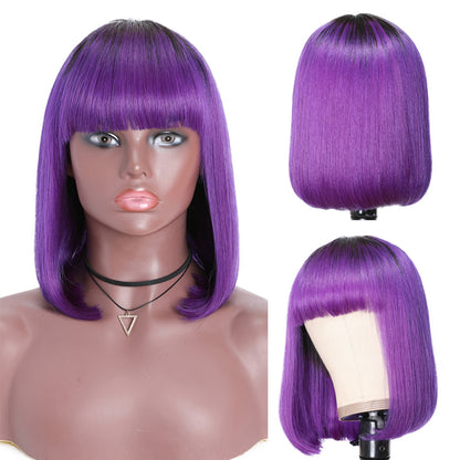 Sunber T1B/Purple Ombre Bob Wig with Dark Roots Short Straight Human hair with Bangs Machine Made Human Hair Wig