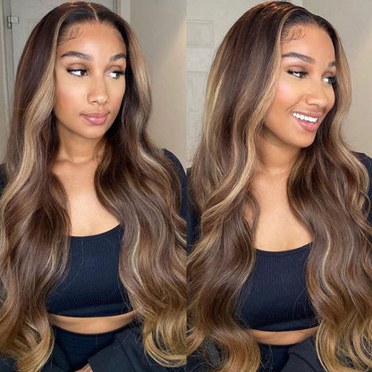 Sunber Honey Blond Highlight 13X4 Human Hair Wig With Bangs Body Wave Virgin Human Hair