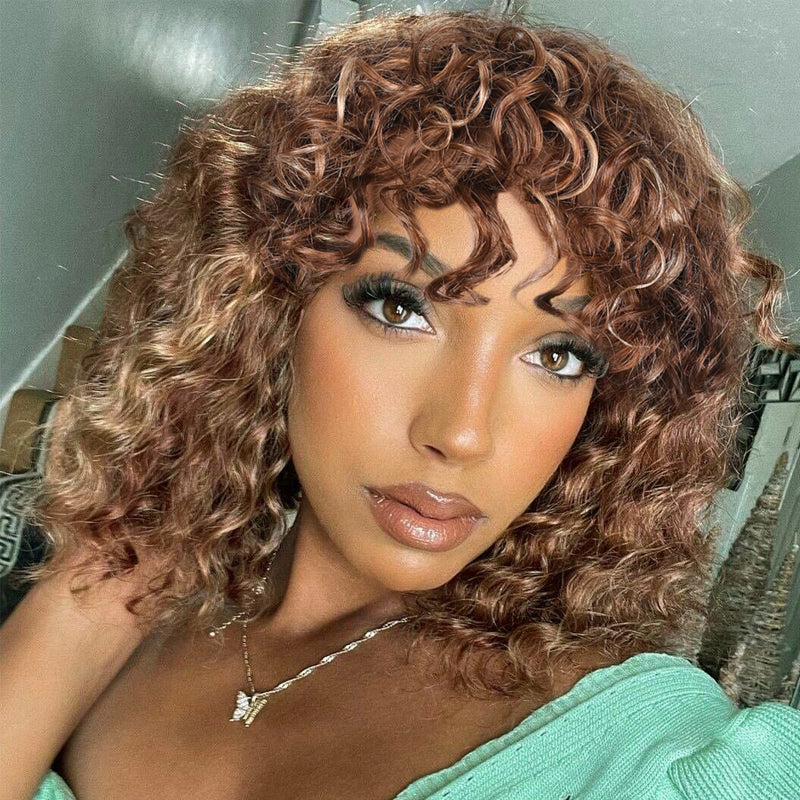 Sunber Bouncy Curl Short Bob Wigs With Bangs No Lace No Glue Human Hair Wigs