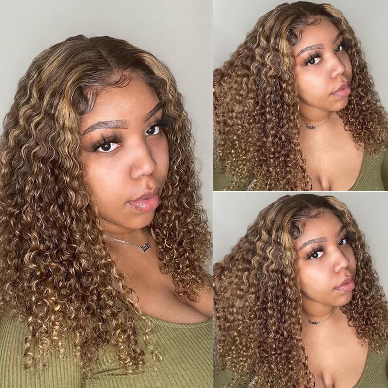 【22”=$95】Sunber $100 Off Honey Blonde Highlight Lace Front Curly  Wigs 100% Human Hair Wig