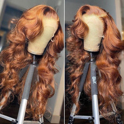 Sunber Voluminous Bouncy Curls Loose Wave Wigs Auburn Highlight Color Lace Front Wigs 180% Density