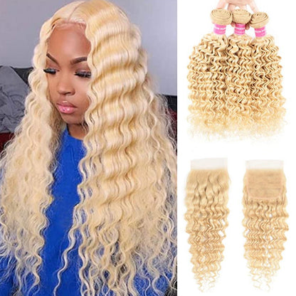 Sunber Hair 613 Blonde Deep Wave 3PCS  With 4X4 Lace Closure 100% Virgin Human Hair Weaves