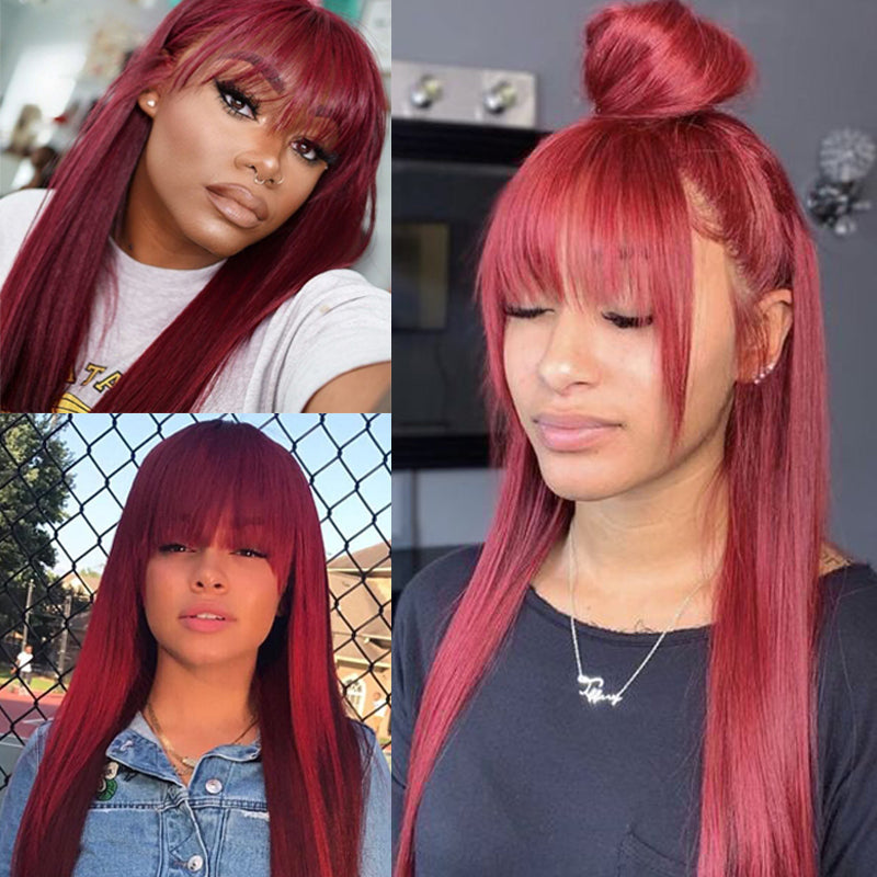 Sunber 99J Wine Red Silk Straight Human Hair Wig with Bangs Flash Sale New Customer Exclusisve