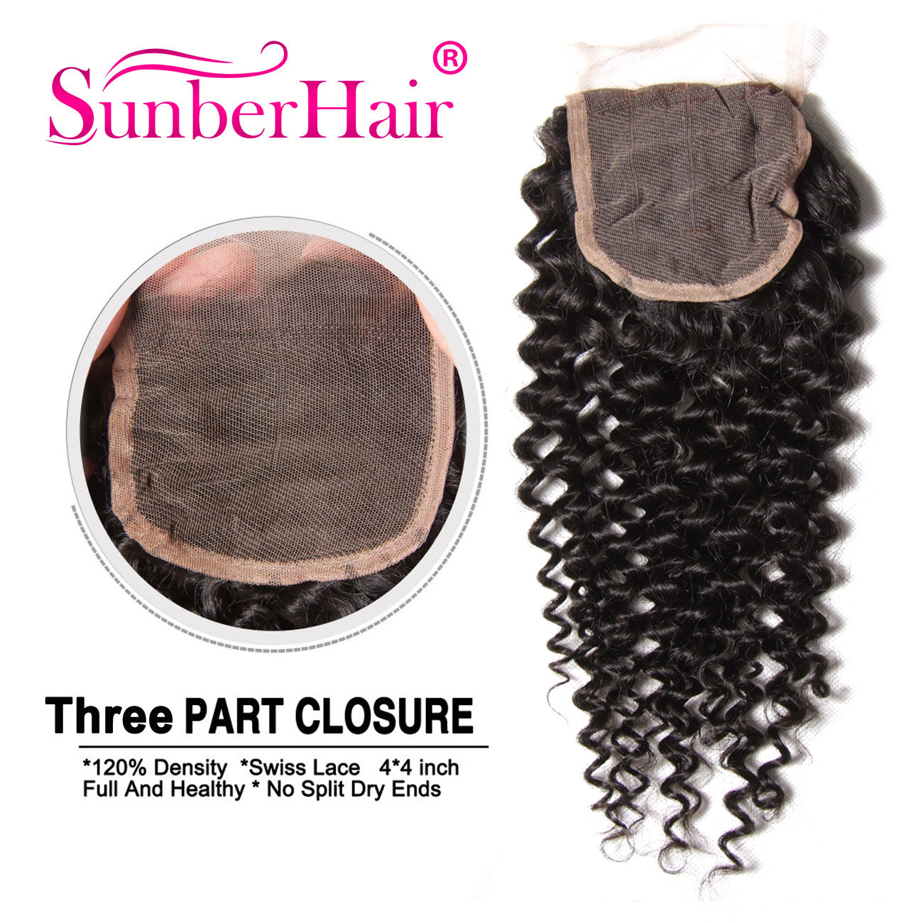 1pcs Curly Hair 4&quot;*4&quot; Lace Closures, Three /Middle /Free Part, Peruvian/Malaysian/Brazilian Hair - Sunberhair