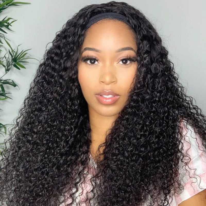 Sunber Jerry Curly Scarf Wigs 100% Human Hair Wig No Glue No Sew In Headband Wig for Women