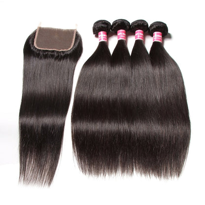 Brazilian Straight Hair 4 Bundles With Lace Closure, 100% Unprocessed Human Weaves - Sunberhair