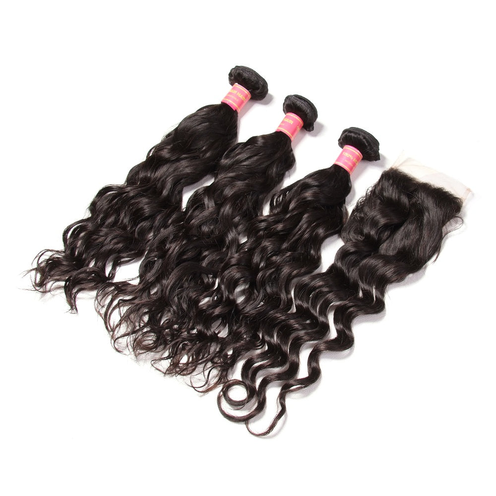 Brazilian Natural Wave Hair Bundles 4 Bundles with Lace Closure, Unprocessed 7A Affordable Brazilian Hair - Sunberhair