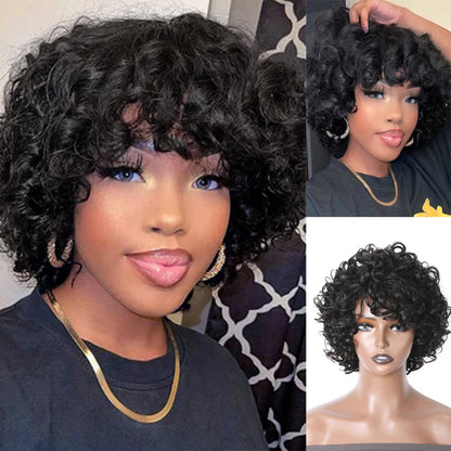 Sunber Fluffy Curls Short Human Hair Wigs with Bangs Glueless Pixie Cuts Wigs