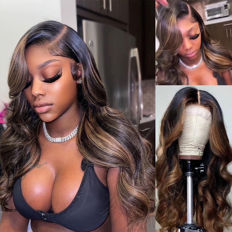 Sunber Glueless Balayage Highlight Body Wave Wigs With Dark Roots T Part Lace Front Wig 180% Density Flash Sale