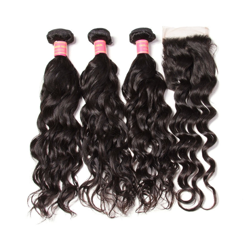 Brazilian Natural Wave Hair Bundles 4 Bundles with Lace Closure, Unprocessed 7A Affordable Brazilian Hair - Sunberhair