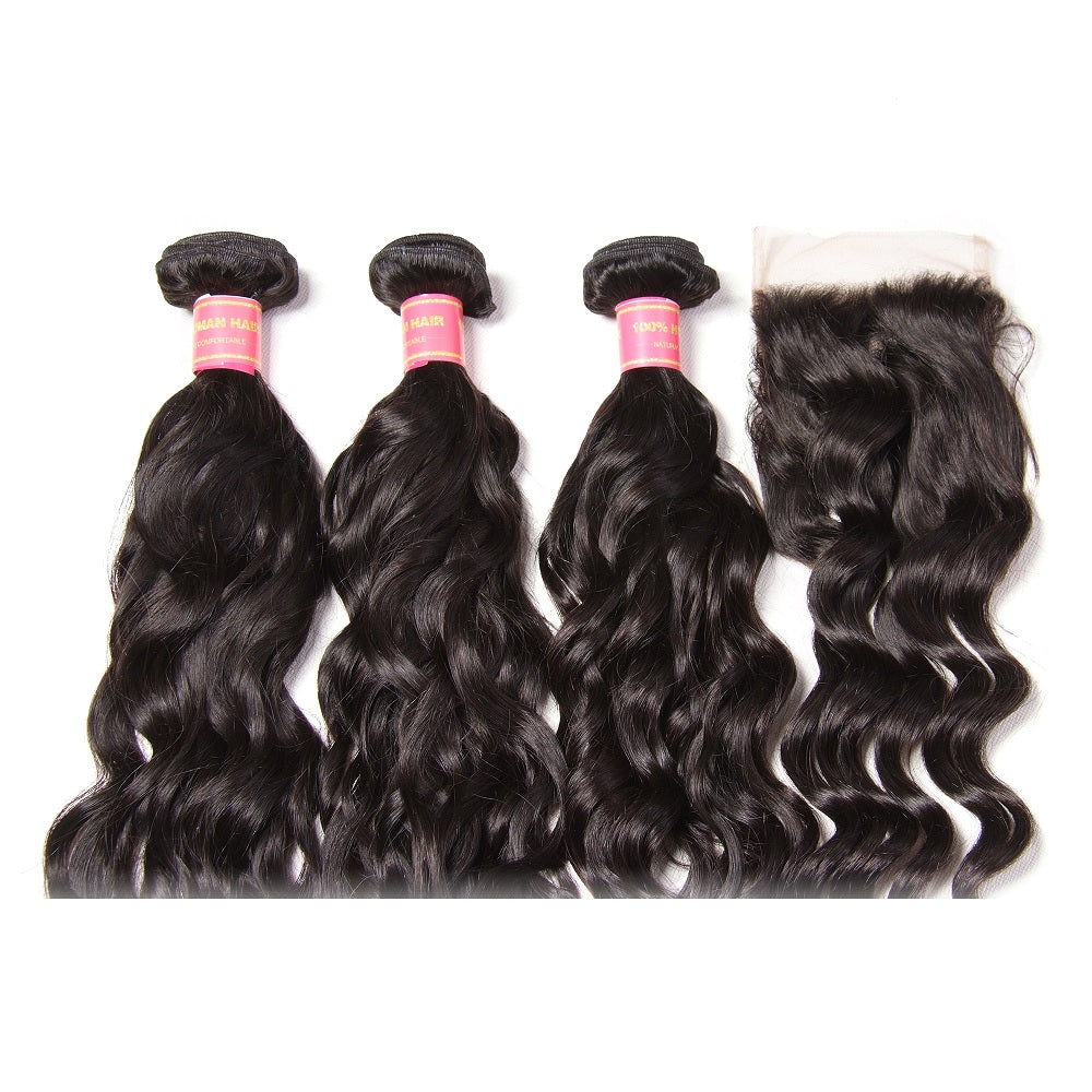 Brazilian Natural Wave Hair Bundles 4 Bundles with Lace Closure, Unprocessed 7A Affordable Brazilian Hair - Sunberhair