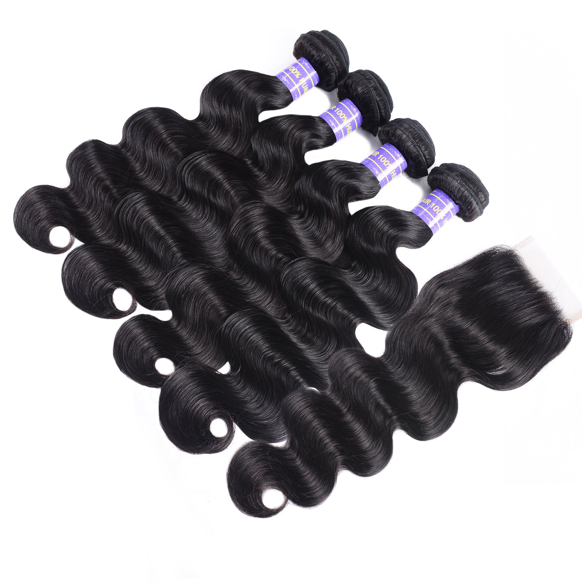 Sunber Hair Remy Human Hair Black Peruvian Body Wave Hair 4 Bundles with Lace Closure 100% Affordable Human Hair