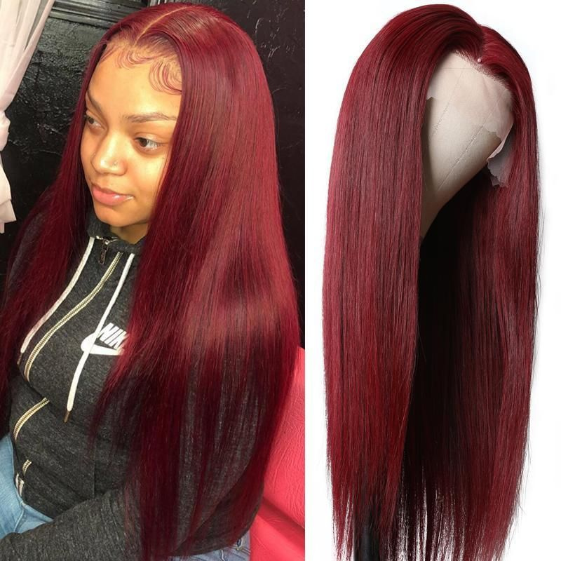 Flash Sale Sunber 99J Long Straight Lace Part Wig 180% denisty Red Human Hair Wigs