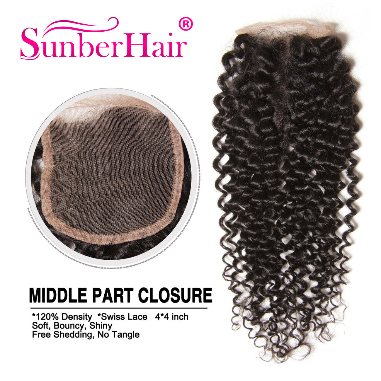 1pcs Curly Hair 4&quot;*4&quot; Lace Closures, Three /Middle /Free Part, Peruvian/Malaysian/Brazilian Hair - Sunberhair