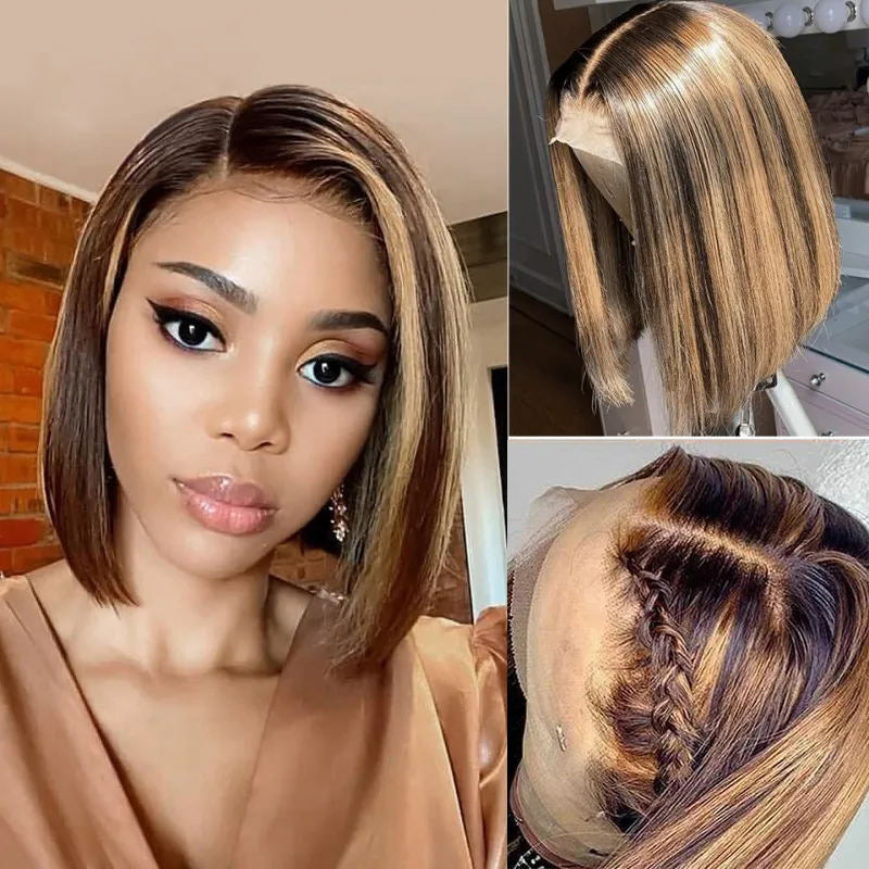 Sunber Straight Highlight Bob 13x4 Lace Front Wig With Caramel Highlights Flash Sale