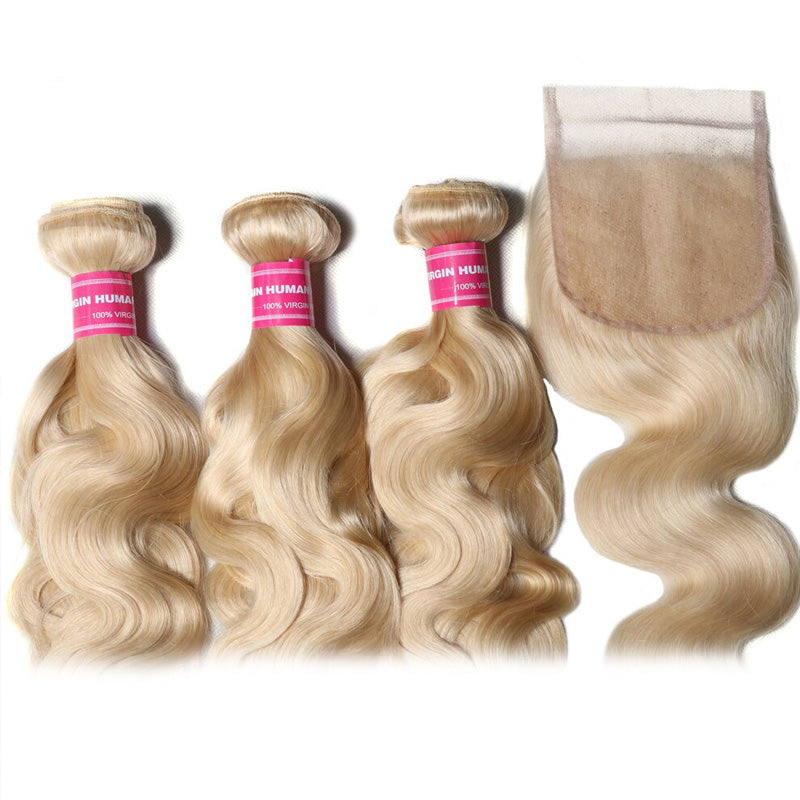 Sunber Hair 3 Bundles 613 Blonde Body Wave Human Hair Weaves With 4X4 Lace Closure