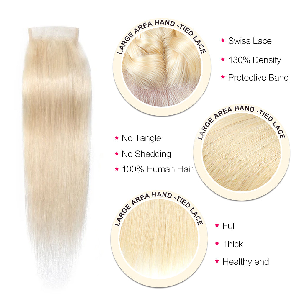 Sunber Hair 3 Bundles 613 Blonde Straight Human Hair Weaves With 4X4 Lace Closure