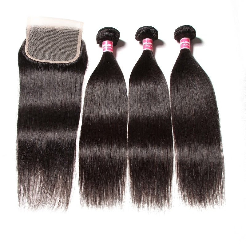 Sunber Hair 3 Bundles Straight Hair With 4*4 Transparent Lace Closure