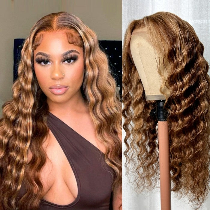 Flash Sale Sunber Honey Blonde Highlight Piano 13x4 Lace Front Wig With Deep Wave Human Hair Wig