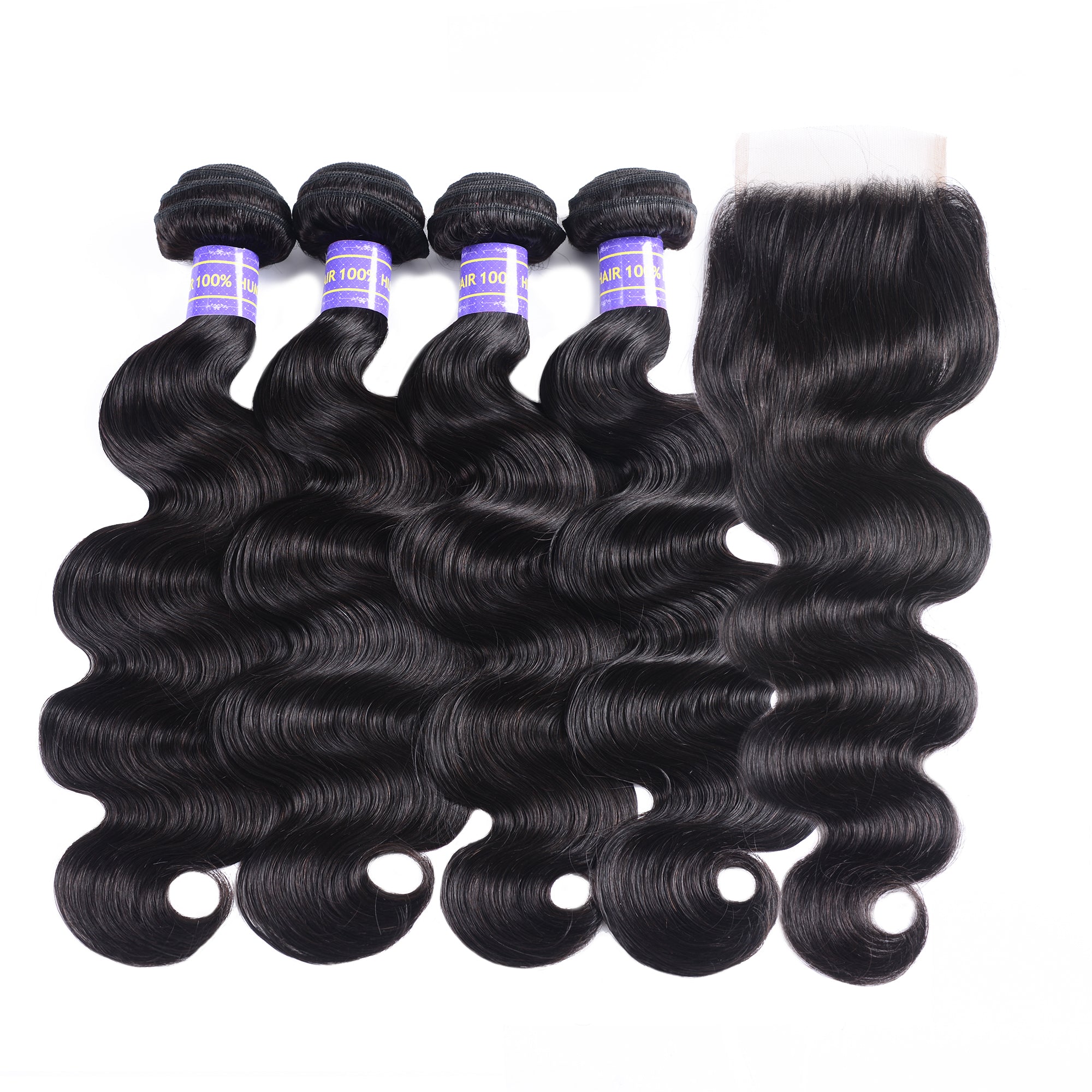 Sunber Hair Remy Human Hair Black Peruvian Body Wave Hair 4 Bundles with Lace Closure 100% Affordable Human Hair