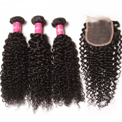 Malaysian Virgin Curly Hair 3 Bundles with 4&quot;*4&quot; Lace Closure, 