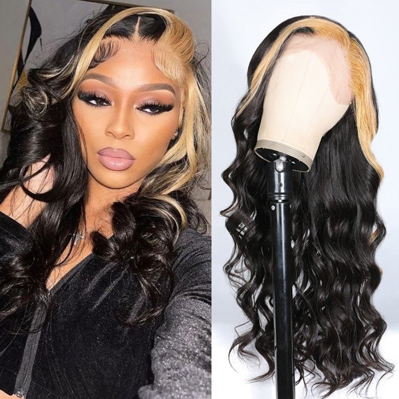 Clearance Sale Sunber Honey Blonde Skunk Stripe Loose Wave Lace Frontal Human Hair Wigs Flash Sale