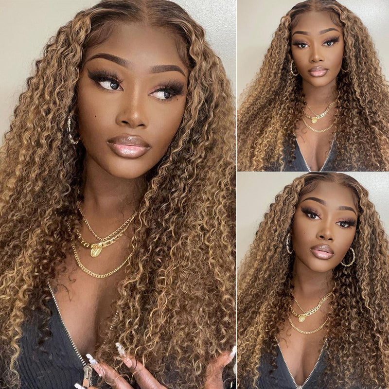 BOGO Sunber Jerry Curly Ombre Honey Blonde Highlight Lace Frontal Wigs