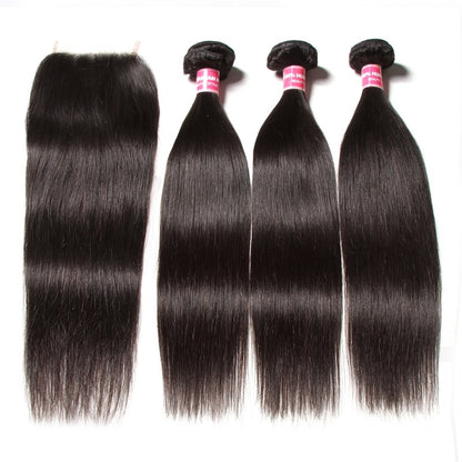 Sunber Hair 3 Bundles Straight Hair With 4*4 Transparent Lace Closure