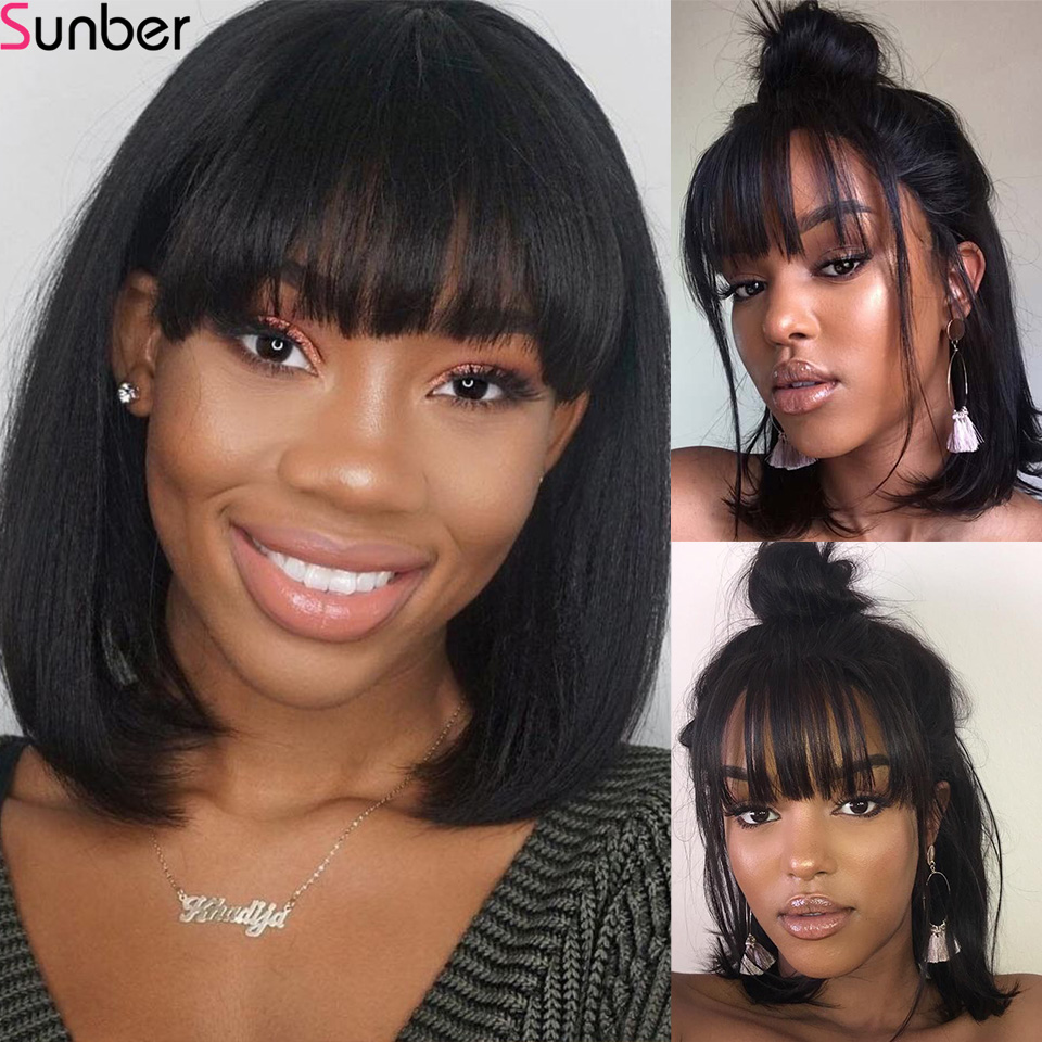 Sunber Short Bob 13x4 Lace Front Wigs Human Hair Wig Silky Straight with Bangs For Women