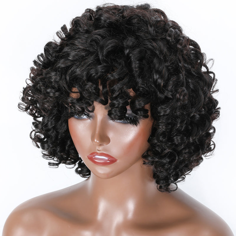 Sunber Glueless Pixie Cut Loose Bouncy Curls With Bangs Bob Wigs