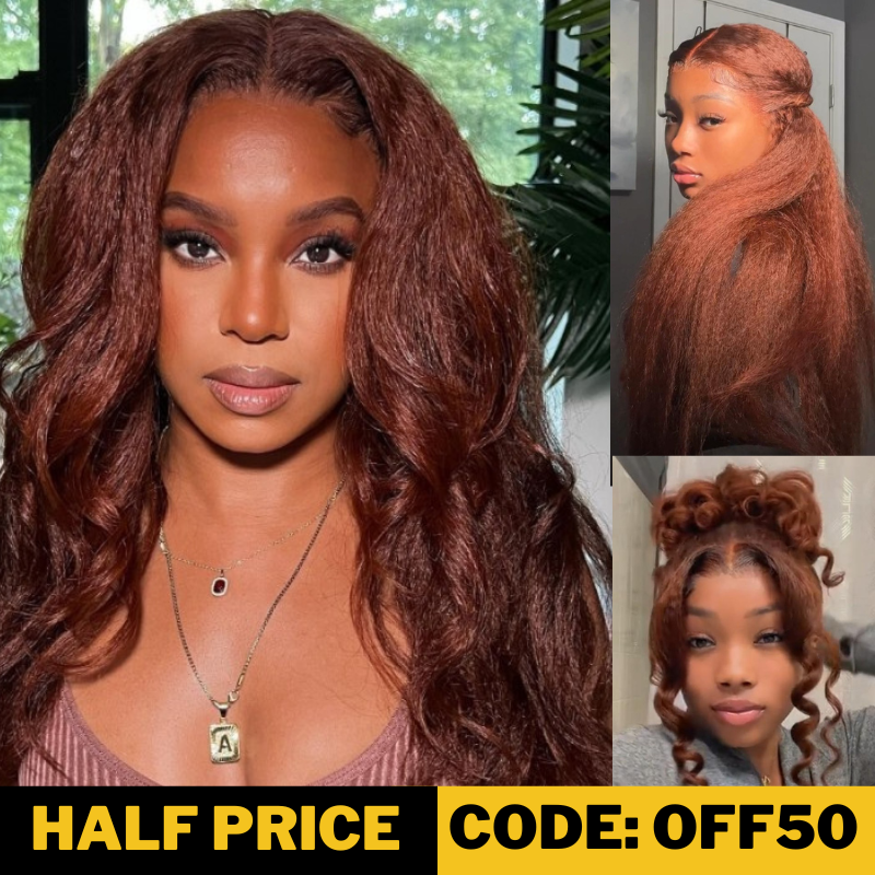 50% OFF Sunber Kinky Straight Reddish Brown Lace Front Wig Dark Auburn Copper Color Human Hair Wigs