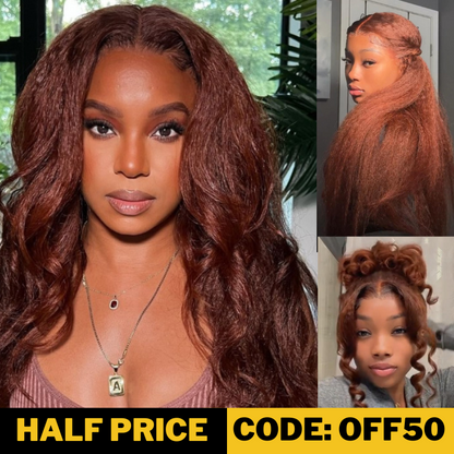 50% OFF Sunber Kinky Straight Reddish Brown Lace Front Wig Dark Auburn Copper Color Human Hair Wigs