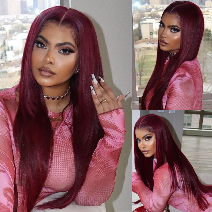 Sunber Dark 99J Burgundy Color 13x4 Lace Front Wigs 7/5 Bye Bye Knots Pre Plucked Long Straight Human Hair Wigs