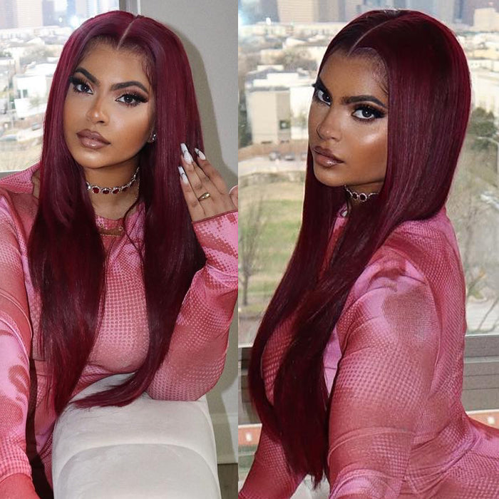 Sunber Dark 99J Burgundy Color 13x4 Lace Front Wigs 7/5 Bye Bye Knots Pre Plucked Long Straight Human Hair Wigs