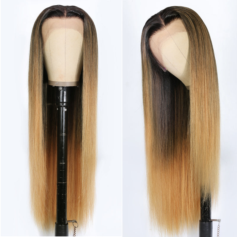 Sunber Ombre Blonde Straight 13 By 4 Lace Front Human Hair Wigs With Dark Roots