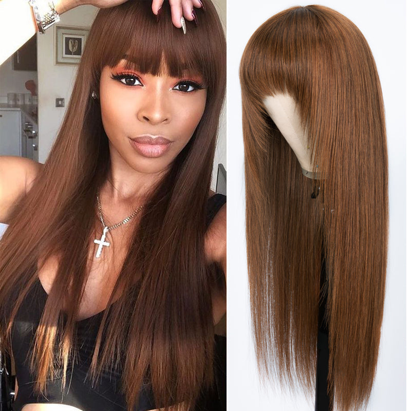 Flash Sale Sunber Chocolate Brown Layer Cut Straight Glueless Wigs With Bangs Affordable Human Hair Wigs