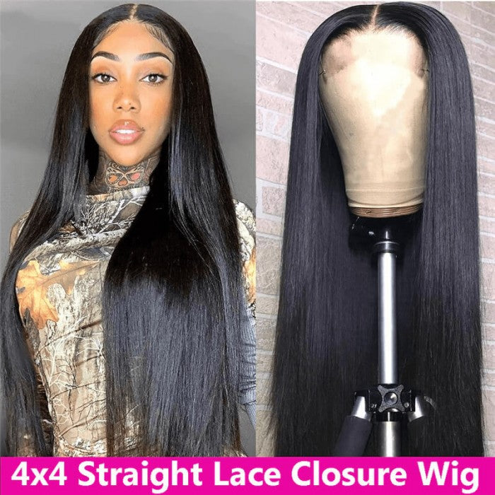 200% Density Bone Straight Invisible Lace Closure Wigs Human Hair Wigs Flash Sale