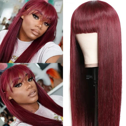 Sunber 99J Wine Red Silk Straight Human Hair Wig with Bangs Flash Sale New Customer Exclusisve