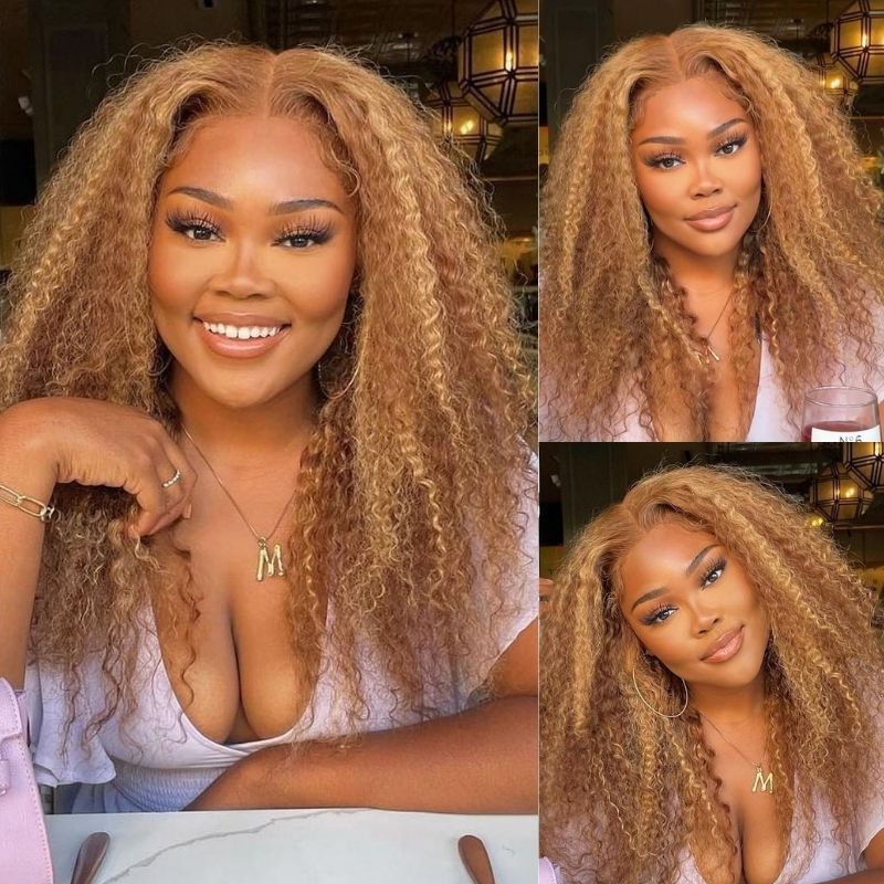 BOGO Sunber Jerry Curly Ombre Honey Blonde Highlight Lace Frontal Wigs