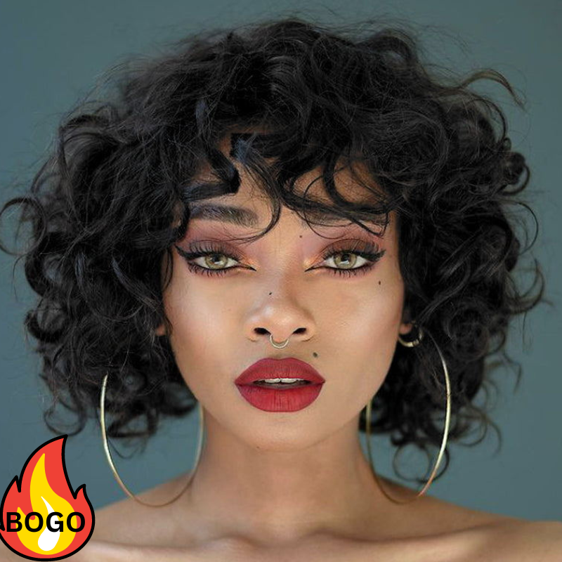 BOGO Sunber Fluffy Curls Short Human Hair Wigs with Bangs Glueless Pixie Cuts Wigs