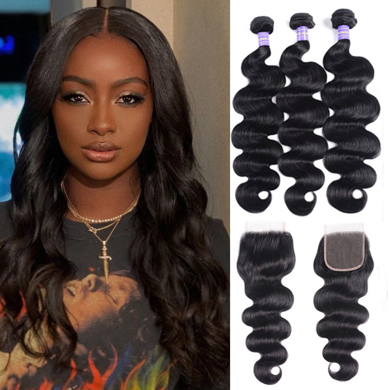 Sunber Brazilian Body Wave Affordable Remy Human Hair 3 Bundles With 4x4 Swiss Lace Closure