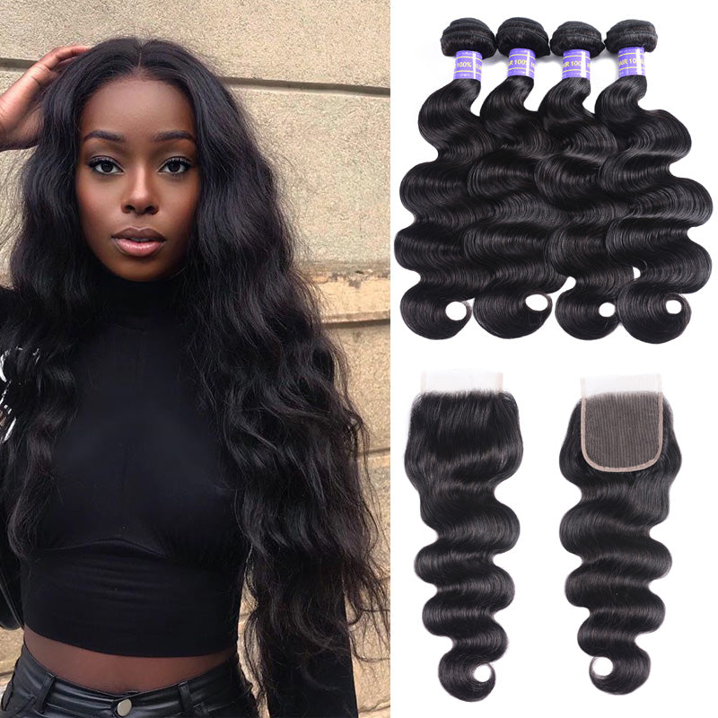 Sunber Hair Brazilian Body Wave Remy Human Hair 4 Bundles With 4*4 Lace Closure 100% Human Hair Extensions