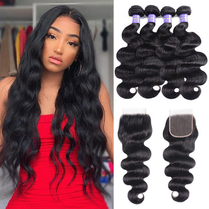 Sunber Hair Remy Human Hair Black Peruvian Body Wave Hair 4 Bundles with Lace Closure 100% Affordable Human Hair